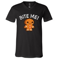 Funny Bite Me Gingerbread Man V-Neck T-Shirt