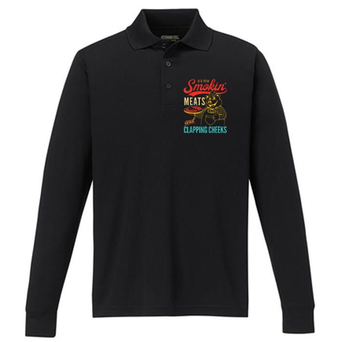 Funny Bbq Meat Groovy Smoking Fun Performance Long Sleeve Polo