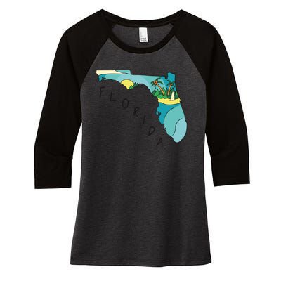 Florida Beach Map Women's Tri-Blend 3/4-Sleeve Raglan Shirt