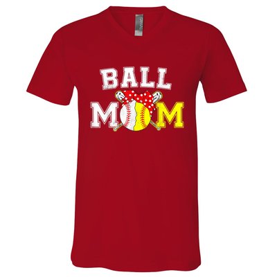 Funny Ball Mom Softball Baseball Gifts For Women Mothers Day V-Neck T-Shirt