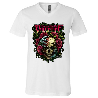 Funny Bullet My Valentine Skull Roses and Red Blood Horror V-Neck T-Shirt