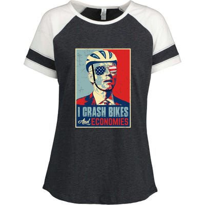 Funny Biden Meme I Crash Bikes And Economies Funny Joe Biden Falling Off Bike Enza Ladies Jersey Colorblock Tee