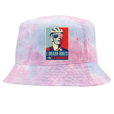 Funny Biden Meme I Crash Bikes And Economies Funny Joe Biden Falling Off Bike Tie-Dyed Bucket Hat