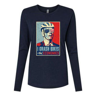 Funny Biden Meme I Crash Bikes And Economies Funny Joe Biden Falling Off Bike Womens Cotton Relaxed Long Sleeve T-Shirt