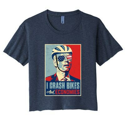 Funny Biden Meme I Crash Bikes And Economies Funny Joe Biden Falling Off Bike Women's Crop Top Tee