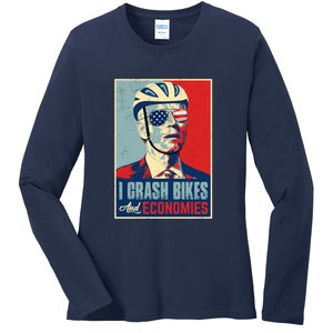 Funny Biden Meme I Crash Bikes And Economies Funny Joe Biden Falling Off Bike Ladies Long Sleeve Shirt