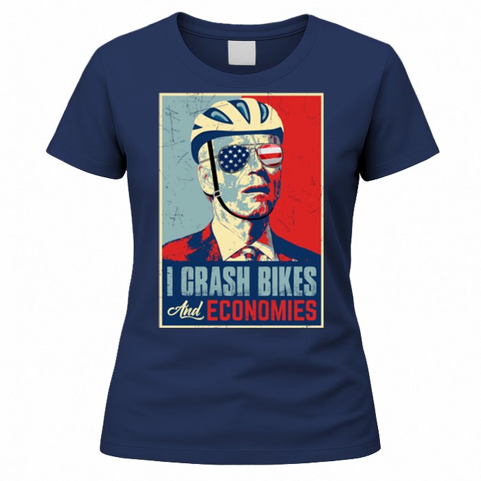 Funny Biden Meme I Crash Bikes And Economies Funny Joe Biden Falling Off Bike Women's T-Shirt