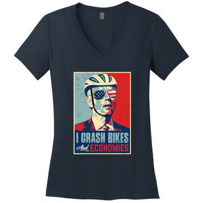 Funny Biden Meme I Crash Bikes And Economies Funny Joe Biden Falling Off Bike Women's V-Neck T-Shirt