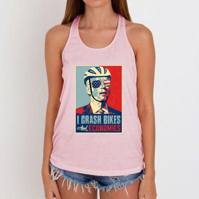 Funny Biden Meme I Crash Bikes And Economies Funny Joe Biden Falling Off Bike Women's Knotted Racerback Tank