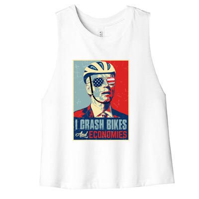 Funny Biden Meme I Crash Bikes And Economies Funny Joe Biden Falling Off Bike Women's Racerback Cropped Tank