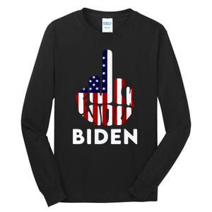 Fuck Biden Middle Finger USA Flag TShirt Tall Long Sleeve T-Shirt