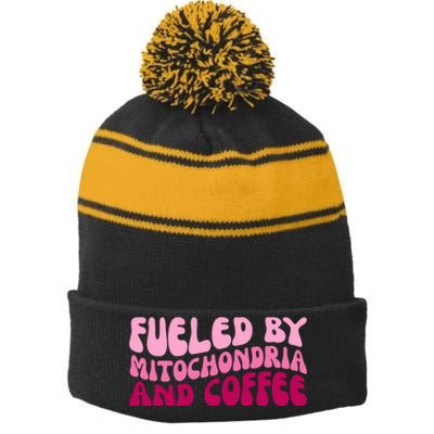 Fueled By Mitochondria And Coffee Funny Stripe Pom Pom Beanie