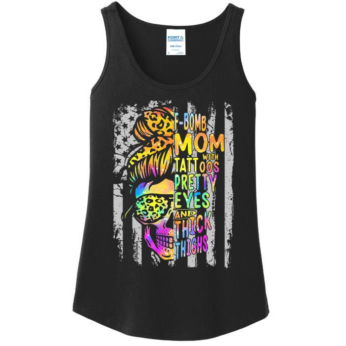 F Bomb Mom With Tattoos Pretty Eyes And Thick Thighs Skull Ladies Essential Tank