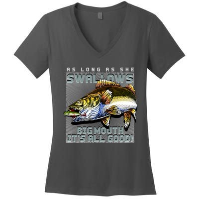 Funny Big Mouth Bass Swallows Women's V-Neck T-Shirt