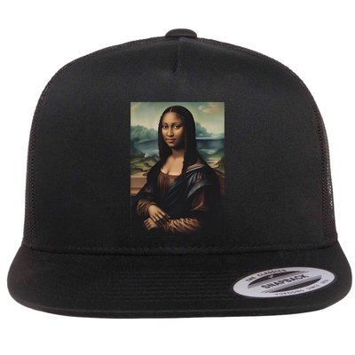Funny Black Mona Lisa Afro Queen Juneteenth History Flat Bill Trucker Hat