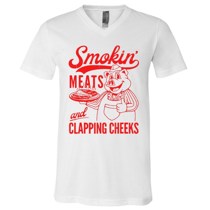 Funny Bbq Meat Groovy Smoking Meats And Clapping Cheeks Gift V-Neck T-Shirt