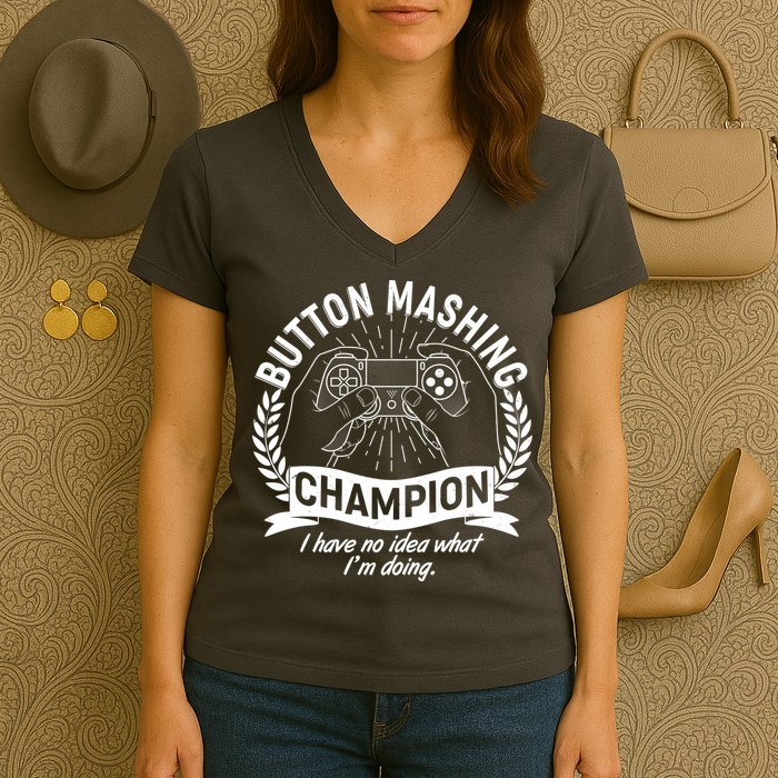 Funny Button Mashing Champion Video Gamer Women's V-Neck T-Shirt