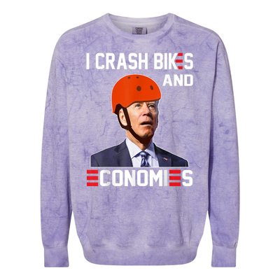 Funny Biden Meme I Crash Bikes And Economies Funny Joe Biden Falling Off Bike Colorblast Crewneck Sweatshirt