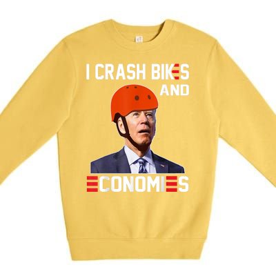 Funny Biden Meme I Crash Bikes And Economies Funny Joe Biden Falling Off Bike Premium Crewneck Sweatshirt