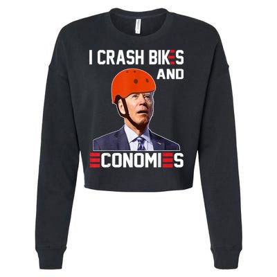 Funny Biden Meme I Crash Bikes And Economies Funny Joe Biden Falling Off Bike Cropped Pullover Crew
