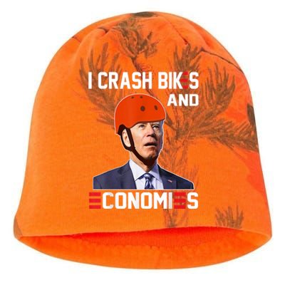 Funny Biden Meme I Crash Bikes And Economies Funny Joe Biden Falling Off Bike Kati - Camo Knit Beanie