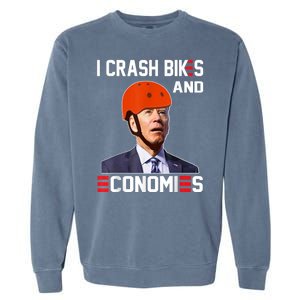 Funny Biden Meme I Crash Bikes And Economies Funny Joe Biden Falling Off Bike Garment-Dyed Sweatshirt