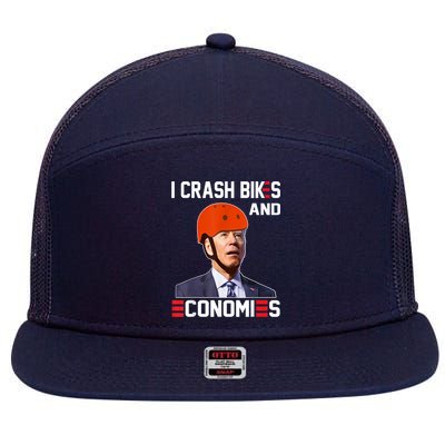 Funny Biden Meme I Crash Bikes And Economies Funny Joe Biden Falling Off Bike 7 Panel Mesh Trucker Snapback Hat