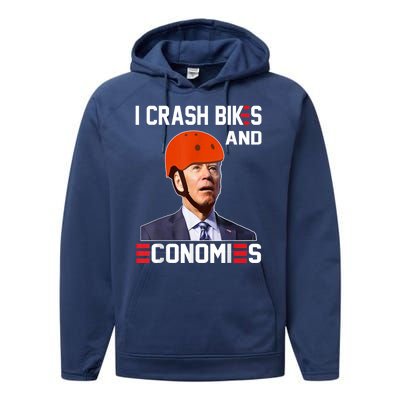 Funny Biden Meme I Crash Bikes And Economies Funny Joe Biden Falling Off Bike Performance Fleece Hoodie