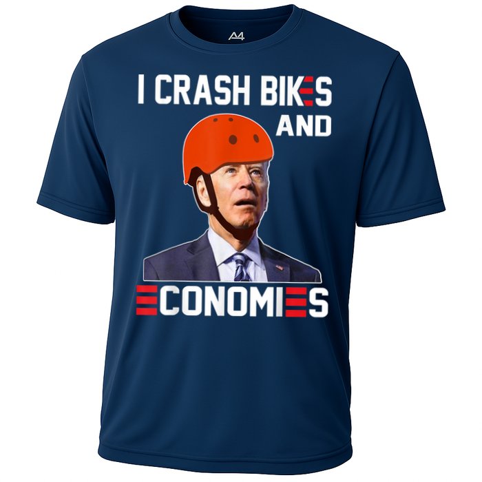 Funny Biden Meme I Crash Bikes And Economies Funny Joe Biden Falling Off Bike Cooling Performance Crew T-Shirt