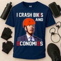 Funny Biden Meme I Crash Bikes And Economies Funny Joe Biden Falling Off Bike Cooling Performance Crew T-Shirt