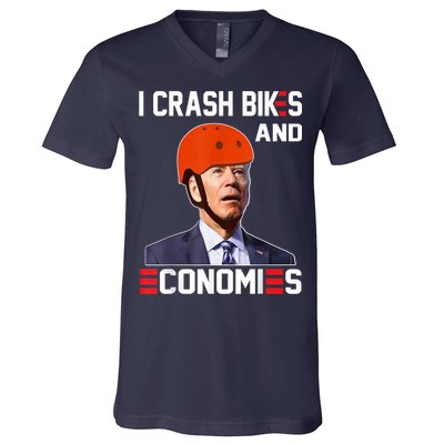 Funny Biden Meme I Crash Bikes And Economies Funny Joe Biden Falling Off Bike V-Neck T-Shirt