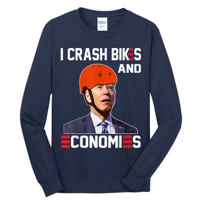 Funny Biden Meme I Crash Bikes And Economies Funny Joe Biden Falling Off Bike Tall Long Sleeve T-Shirt
