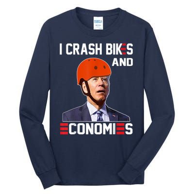 Funny Biden Meme I Crash Bikes And Economies Funny Joe Biden Falling Off Bike Tall Long Sleeve T-Shirt