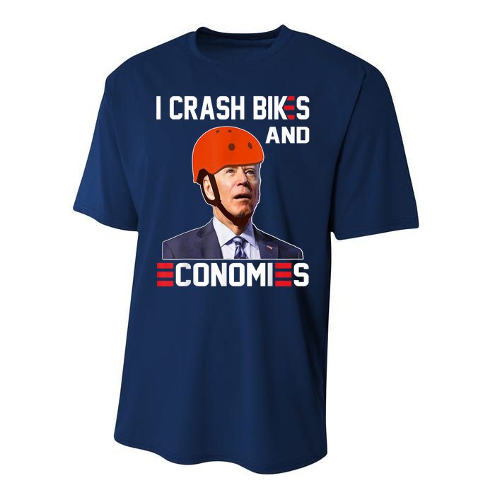 Funny Biden Meme I Crash Bikes And Economies Funny Joe Biden Falling Off Bike Performance Sprint T-Shirt