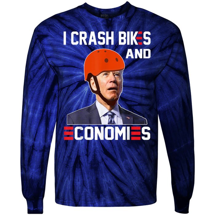 Funny Biden Meme I Crash Bikes And Economies Funny Joe Biden Falling Off Bike Tie-Dye Long Sleeve Shirt