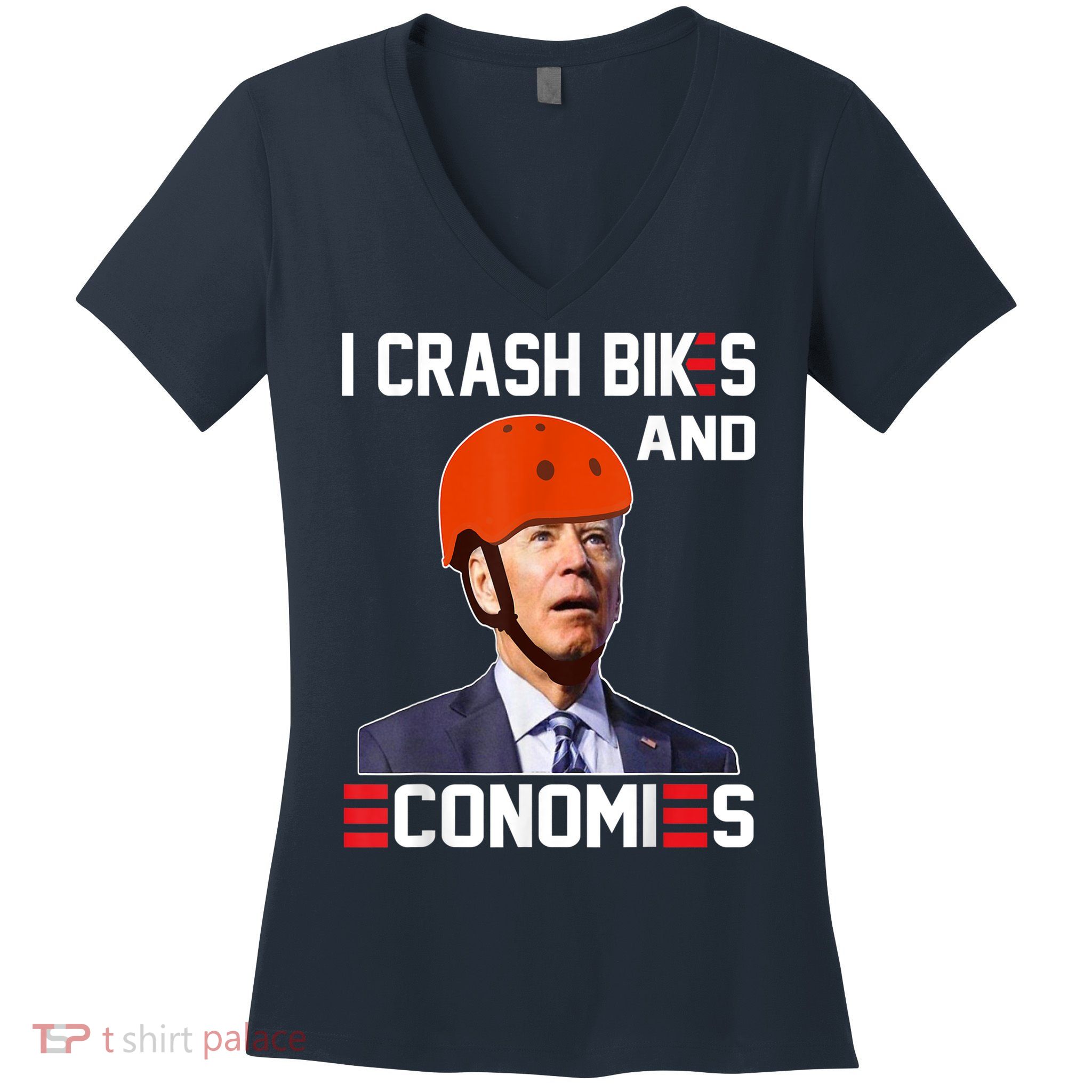 Funny Biden Meme I Crash Bikes And Economies Funny Joe Biden Falling Off Bike Women's V-Neck T-Shirt