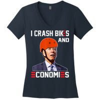 Funny Biden Meme I Crash Bikes And Economies Funny Joe Biden Falling Off Bike Women's V-Neck T-Shirt
