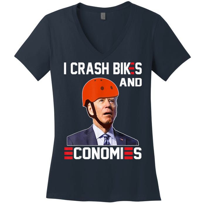 Funny Biden Meme I Crash Bikes And Economies Funny Joe Biden Falling Off Bike Women's V-Neck T-Shirt