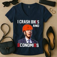 Funny Biden Meme I Crash Bikes And Economies Funny Joe Biden Falling Off Bike Women's V-Neck T-Shirt