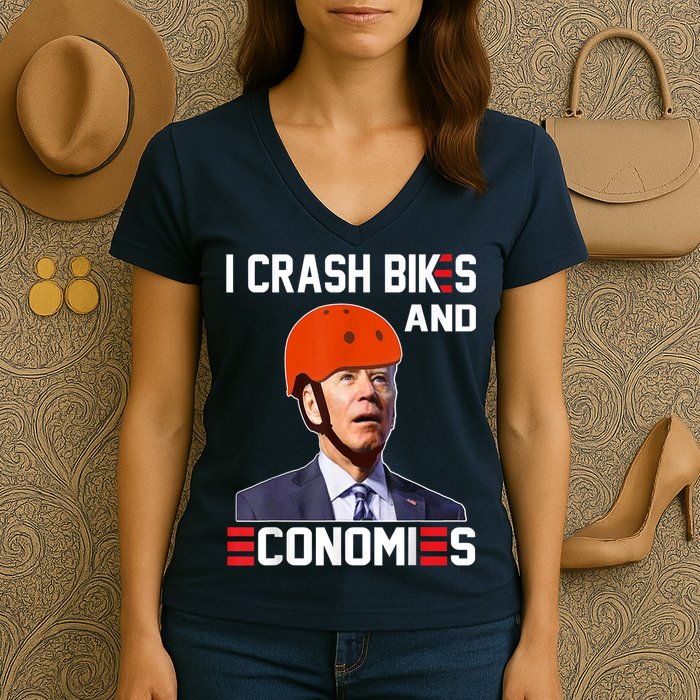 Funny Biden Meme I Crash Bikes And Economies Funny Joe Biden Falling Off Bike Women's V-Neck T-Shirt