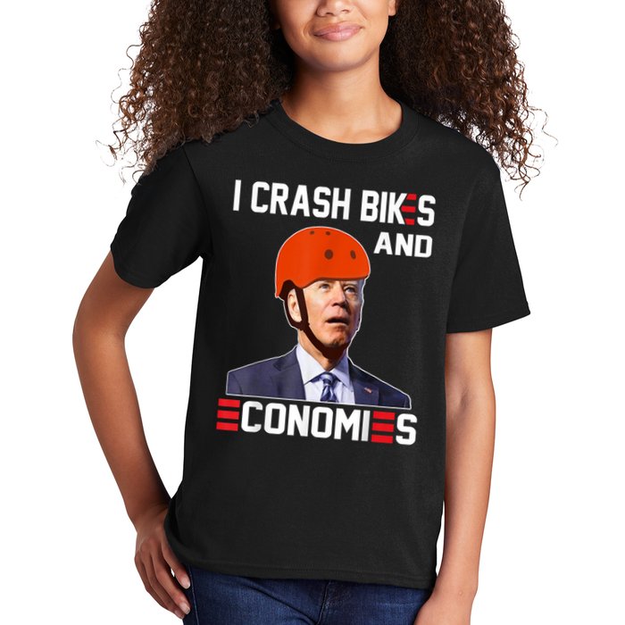 Funny Biden Meme I Crash Bikes And Economies Funny Joe Biden Falling Off Bike Kids T-Shirt