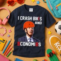 Funny Biden Meme I Crash Bikes And Economies Funny Joe Biden Falling Off Bike Kids T-Shirt