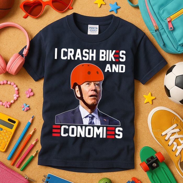 Funny Biden Meme I Crash Bikes And Economies Funny Joe Biden Falling Off Bike Kids T-Shirt