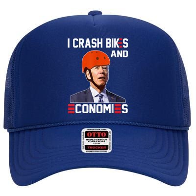 Funny Biden Meme I Crash Bikes And Economies Funny Joe Biden Falling Off Bike High Crown Mesh Back Trucker Hat