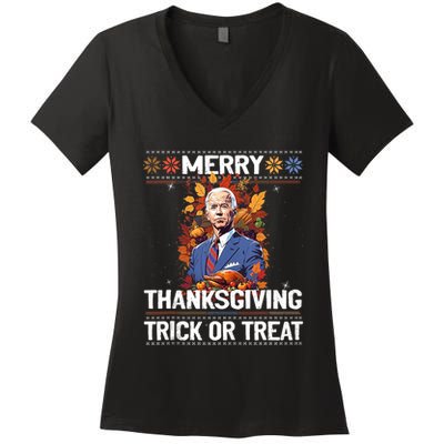 Funny Biden Meme Merry 4th Of Thanksgiving Trick Or Treat Women's V-Neck T-Shirt