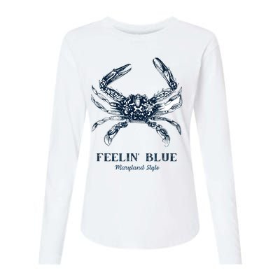 Feelin' Blue Maryland Style Retro Crab Womens Cotton Relaxed Long Sleeve T-Shirt