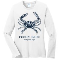 Feelin' Blue Maryland Style Retro Crab Ladies Long Sleeve Shirt