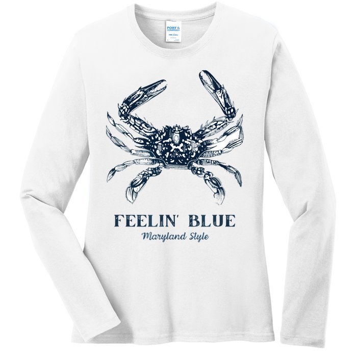 Feelin' Blue Maryland Style Retro Crab Ladies Long Sleeve Shirt