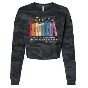 Floral Books Never Underestimate A Public School Teacher Cropped Pullover Crew