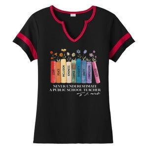 Floral Books Never Underestimate A Public School Teacher Ladies Halftime Notch Neck Tee